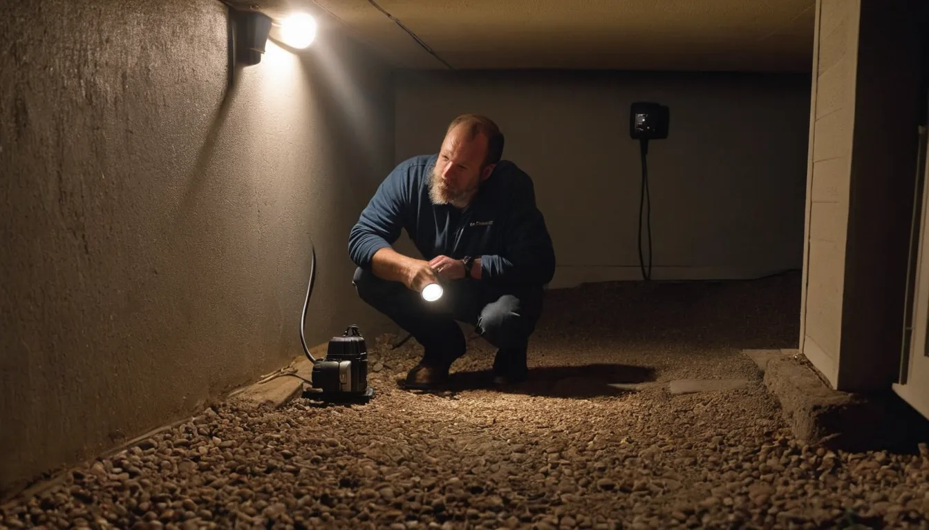 A provider checking a basement window and sump pump area for pest entry points